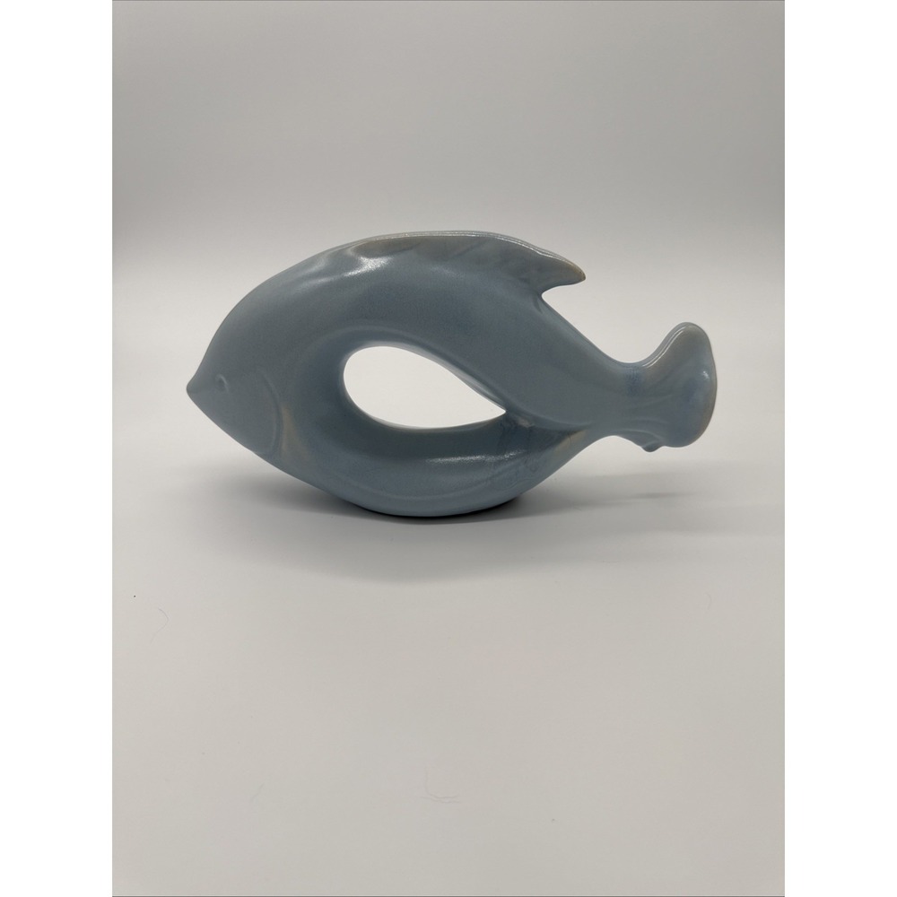 Light Blue Fish Sculpture 12" Ceramic Modern Minimalist Beach Decor